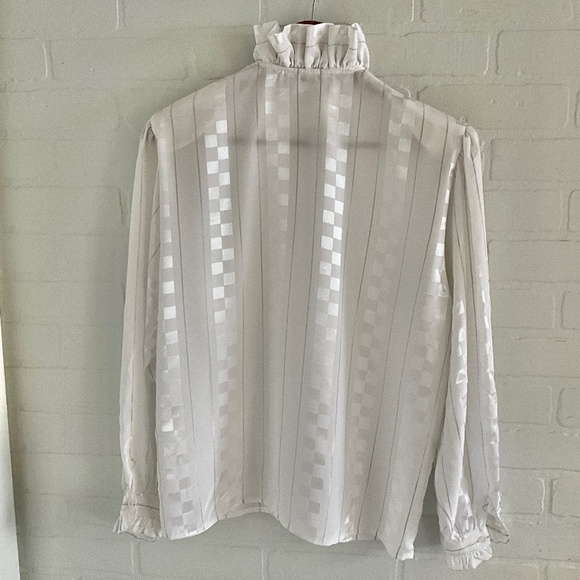 Vintage blouse damier Ruffled Retro Elegance MCM Mad men Cream Gold 16 - Picture 3 of 13